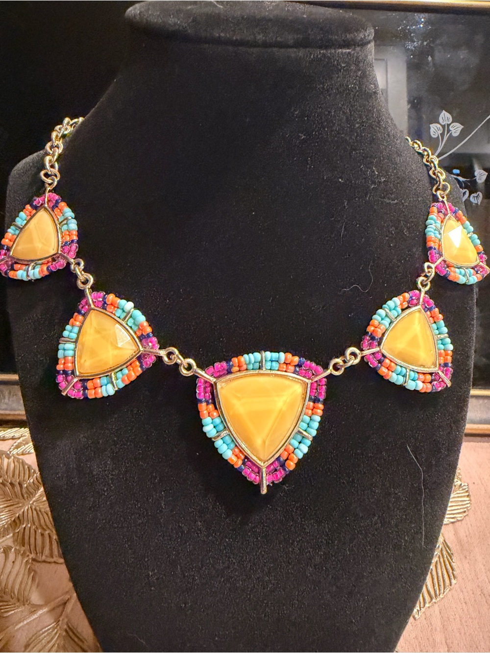 Beaded Triangle Statement Necklace in Yellow, Turquoise & Pink